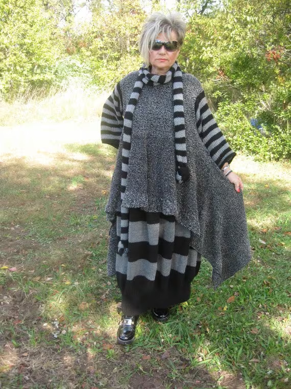 Handknitted Lagenlook Asymmetrical tunic with long sleeves